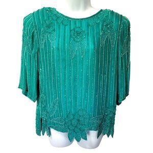 Vintage Mark & John II Womens Blouse M Beaded Sequin Silk Green Short Sleeve